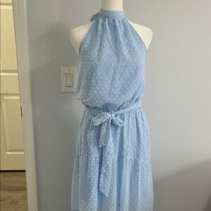 Pretty garden Light Blue Swiss Dot Halter Maxi Dress